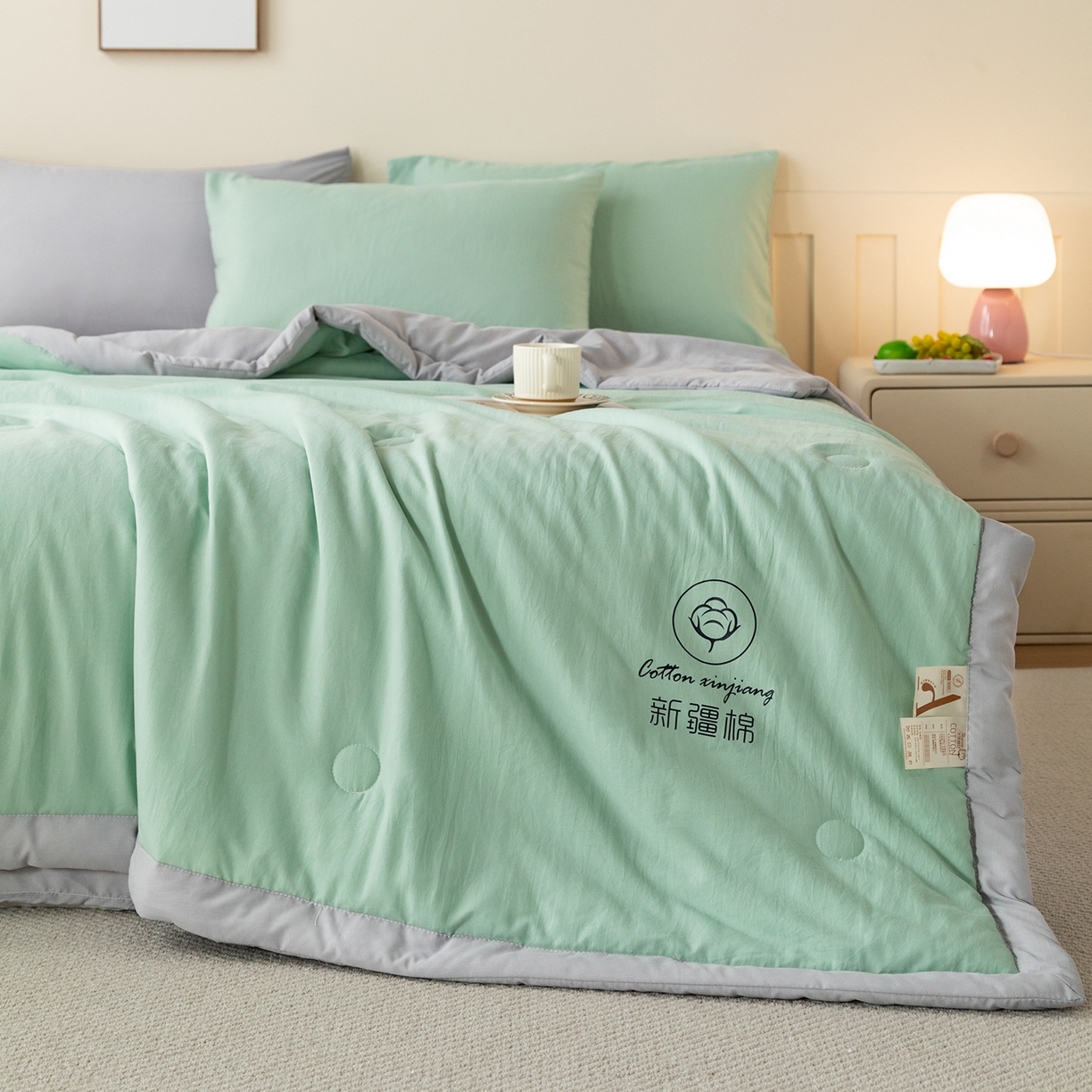 91家纺网 家纺一手货源 找家纺 几禾 2026春夏新款纯色水洗棉双拼夏被新疆棉花被夏凉被空调被被子被芯 双拼-绿灰