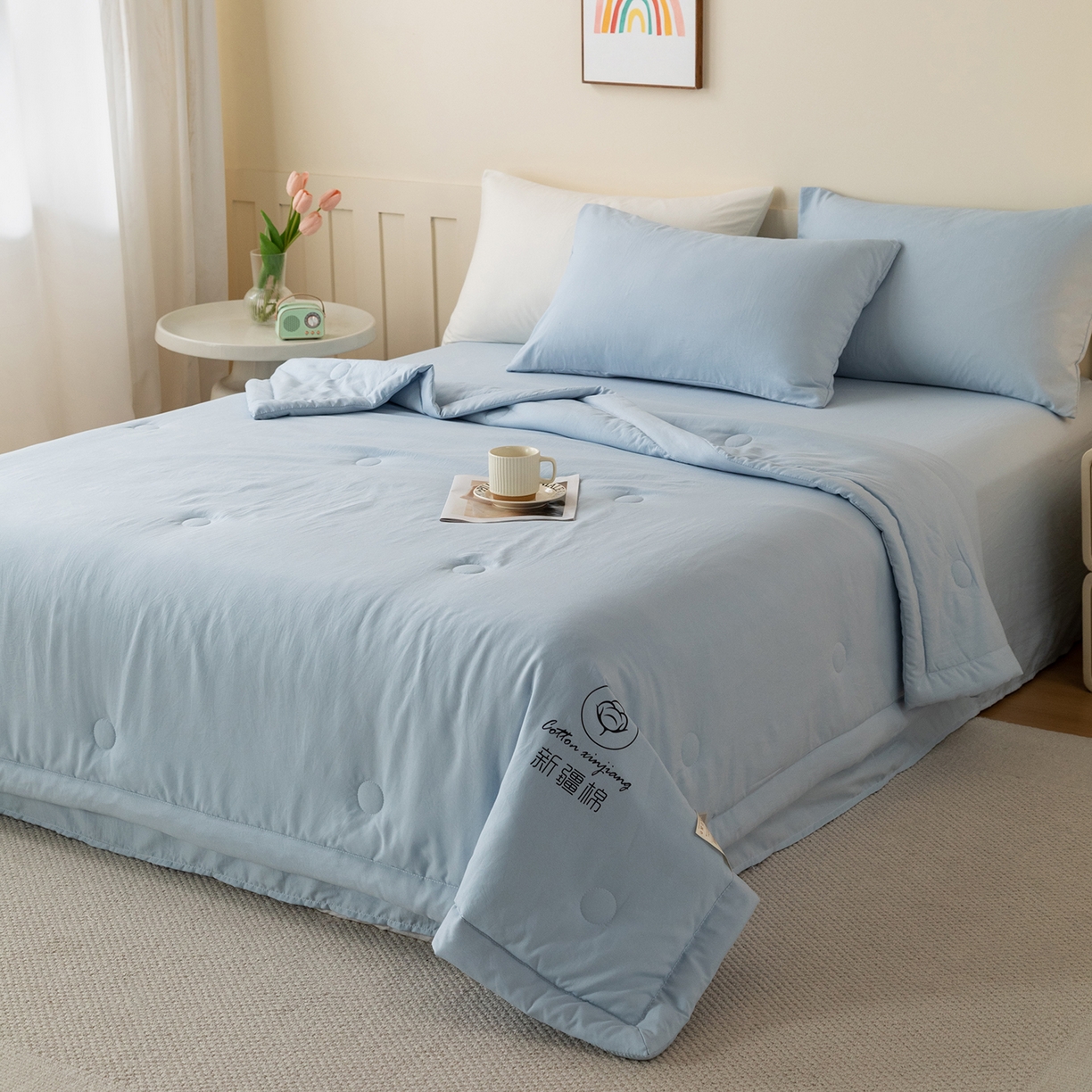 91家纺网 家纺一手货源 找家纺 几禾 2026春夏新款纯色水洗棉双拼夏被新疆棉花被夏凉被空调被被子被芯 纯色-天蓝