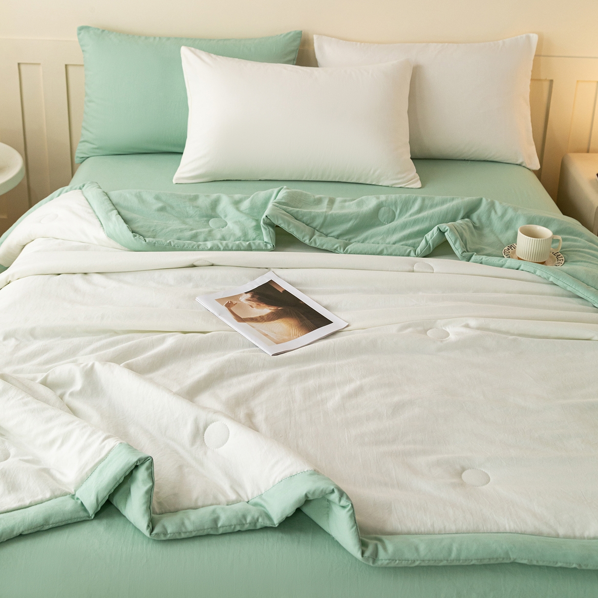 91家纺网 家纺一手货源 找家纺 几禾 2026春夏新款纯色水洗棉双拼夏被新疆棉花被夏凉被空调被被子被芯 双拼-白绿