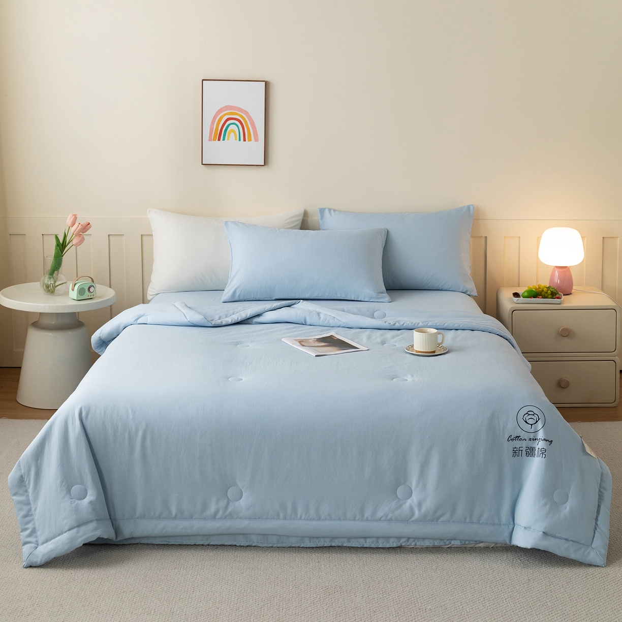 91家纺网 家纺一手货源 找家纺 几禾 2026春夏新款纯色水洗棉双拼夏被新疆棉花被夏凉被空调被被子被芯 纯色-天蓝