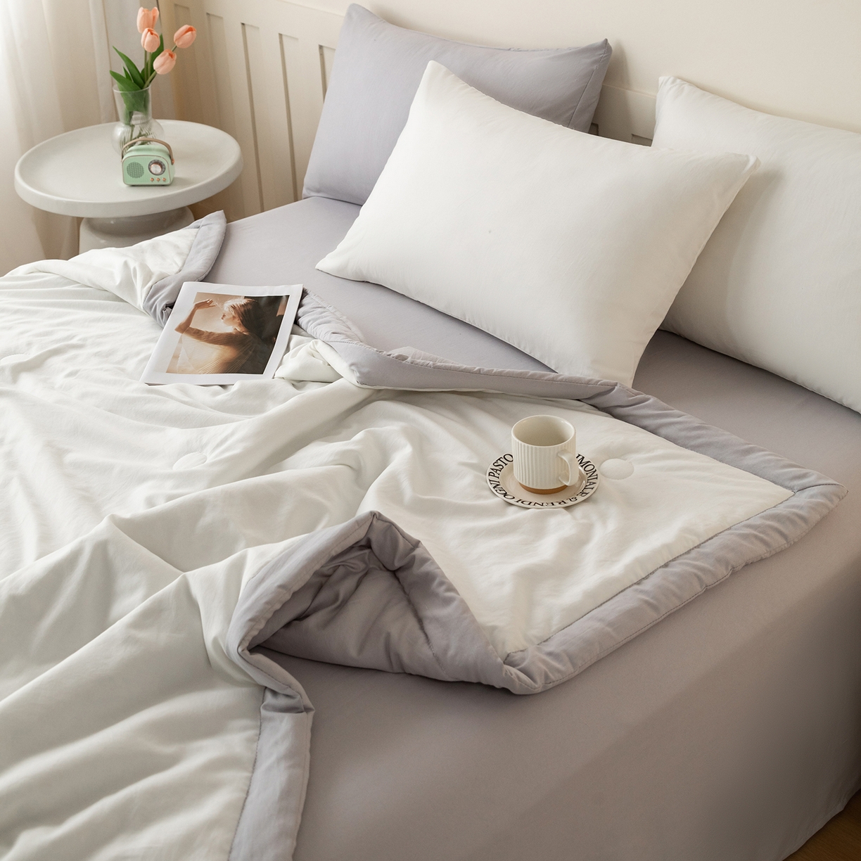 91家纺网 家纺一手货源 找家纺 几禾 2026春夏新款纯色水洗棉双拼夏被新疆棉花被夏凉被空调被被子被芯 双拼-白灰