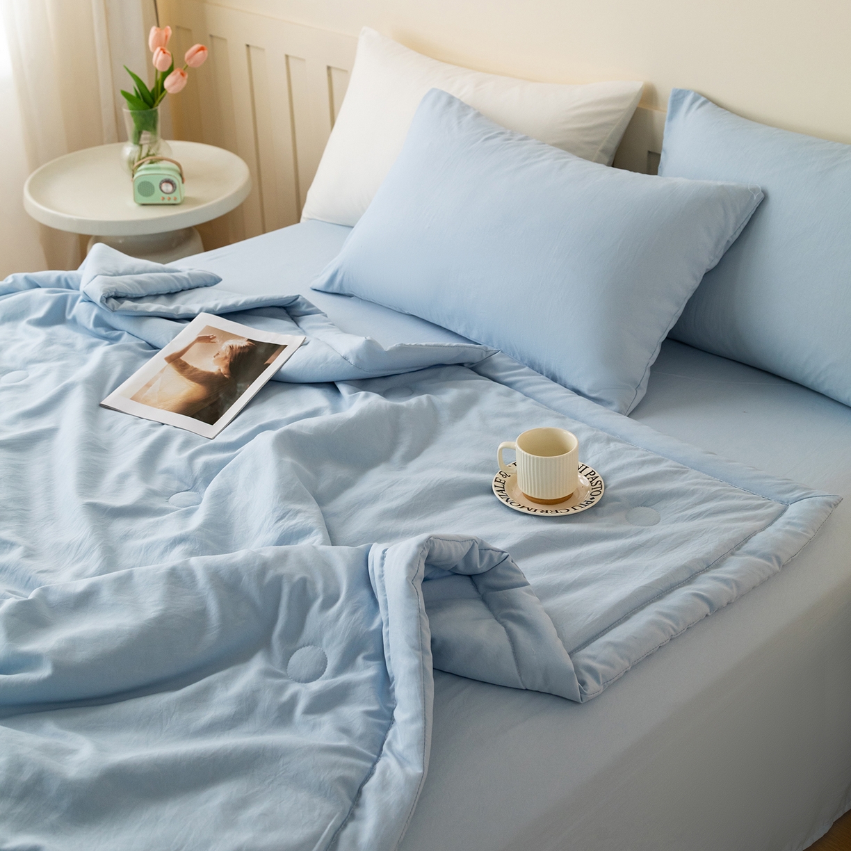 91家纺网 家纺一手货源 找家纺 几禾 2026春夏新款纯色水洗棉双拼夏被新疆棉花被夏凉被空调被被子被芯 纯色-天蓝