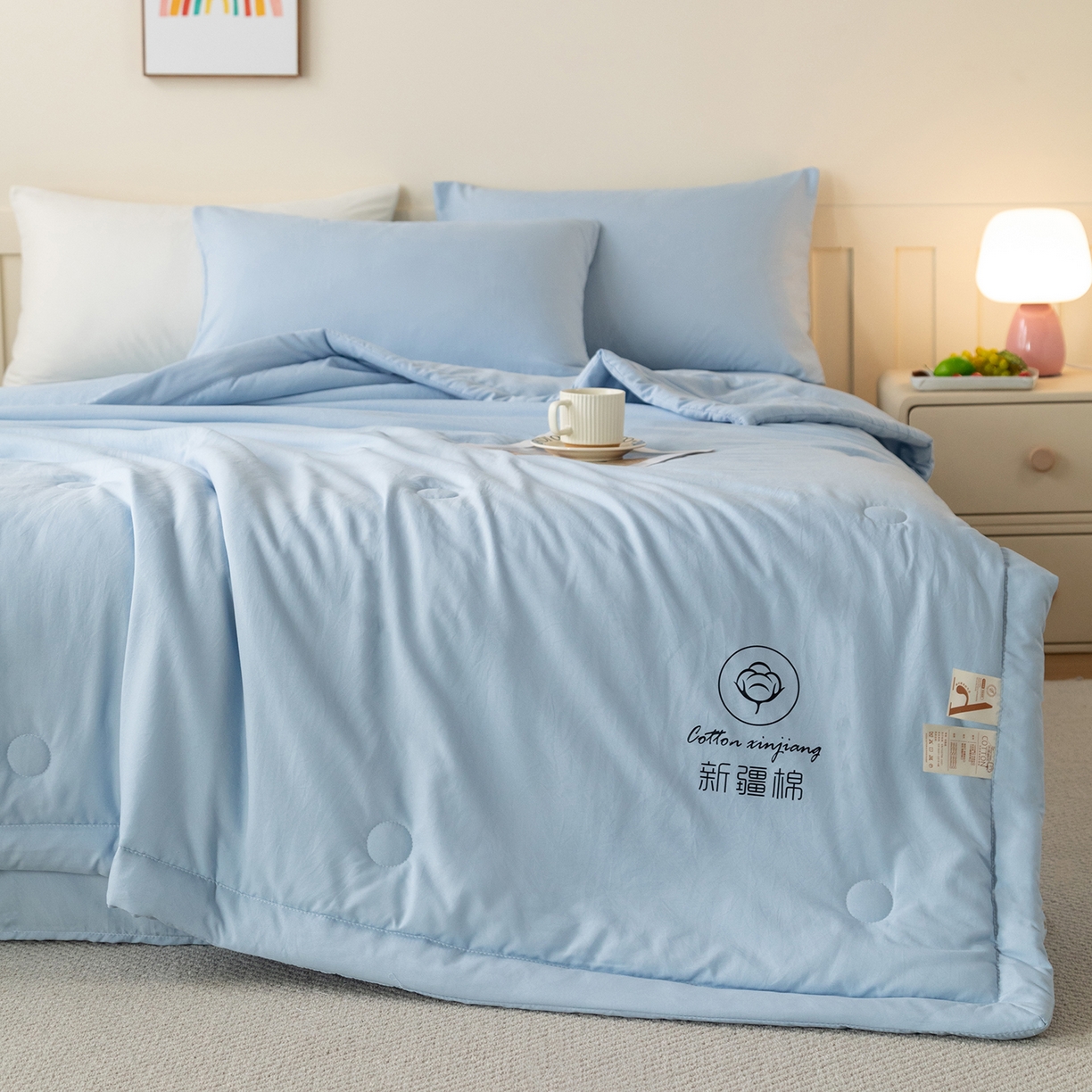 91家纺网 家纺一手货源 找家纺 几禾 2026春夏新款纯色水洗棉双拼夏被新疆棉花被夏凉被空调被被子被芯 纯色-天蓝