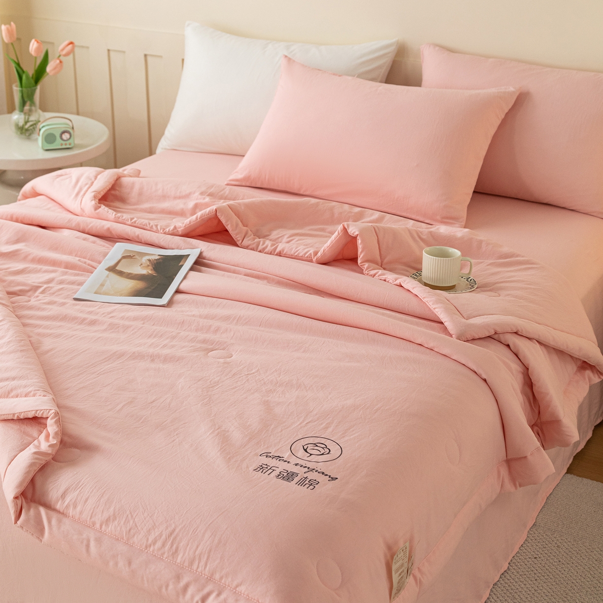 91家纺网 家纺一手货源 找家纺 几禾 2026春夏新款纯色水洗棉双拼夏被新疆棉花被夏凉被空调被被子被芯 纯色-粉色