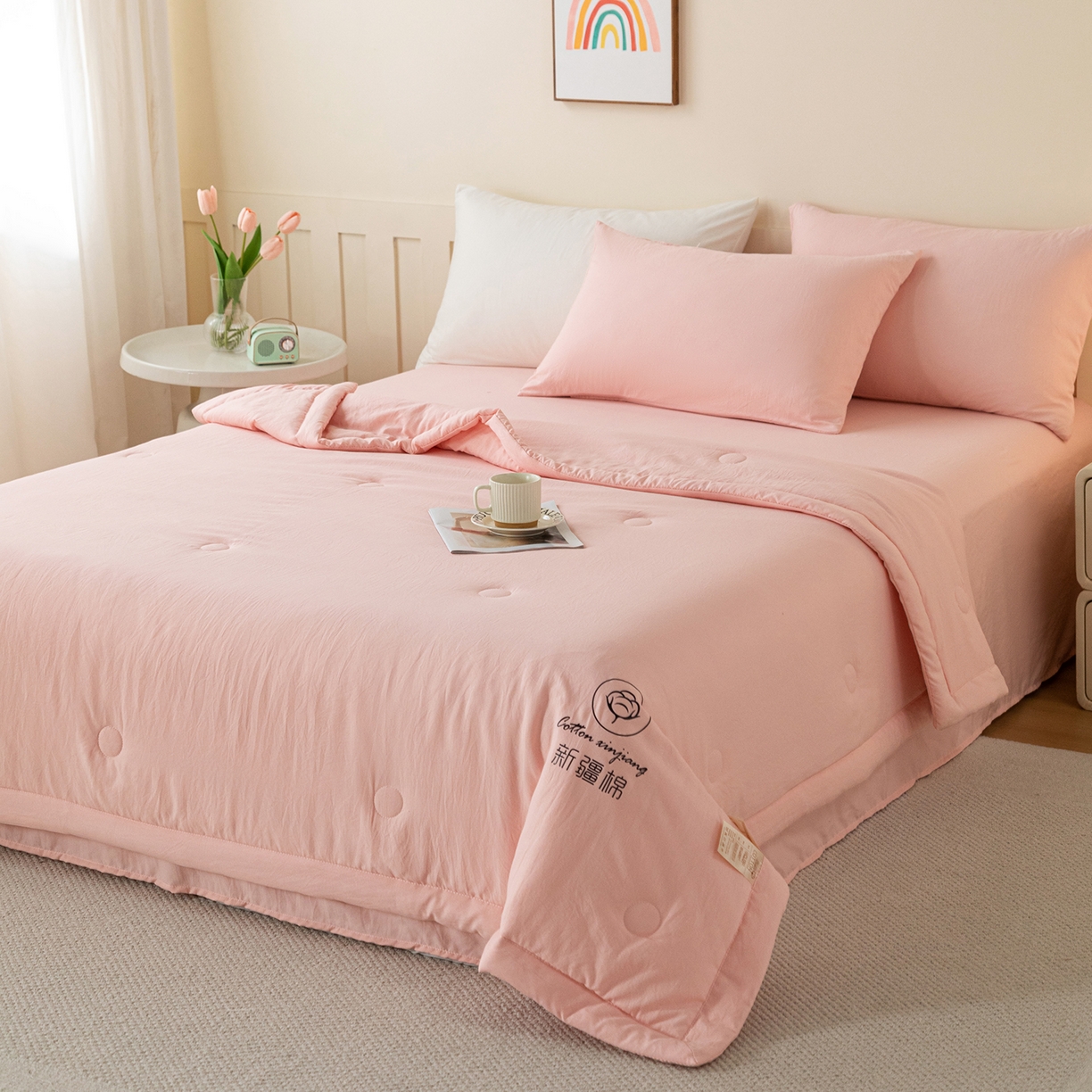 91家纺网 家纺一手货源 找家纺 几禾 2026春夏新款纯色水洗棉双拼夏被新疆棉花被夏凉被空调被被子被芯 纯色-粉色