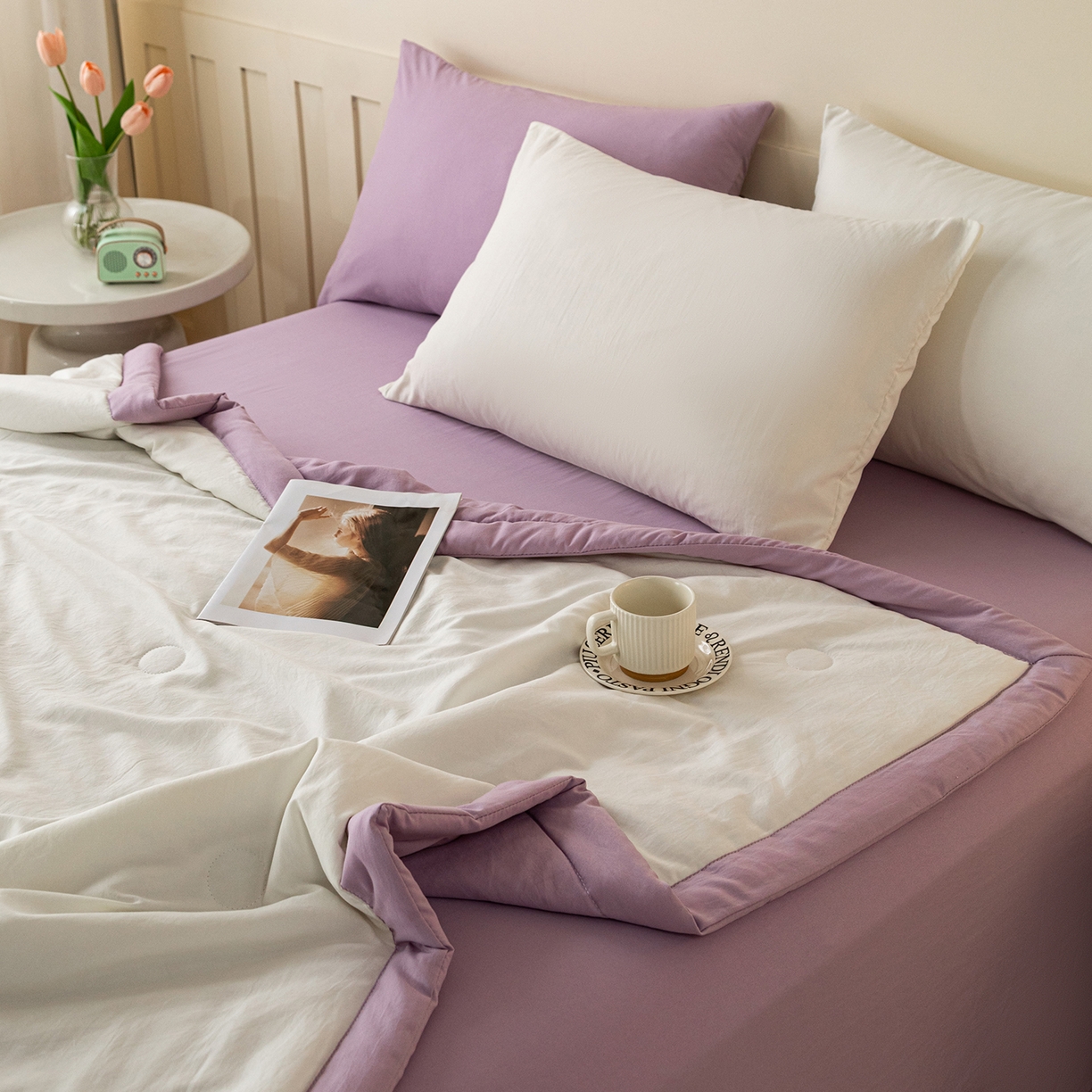 91家纺网 家纺一手货源 找家纺 几禾 2026春夏新款纯色水洗棉双拼夏被新疆棉花被夏凉被空调被被子被芯 双拼-白紫