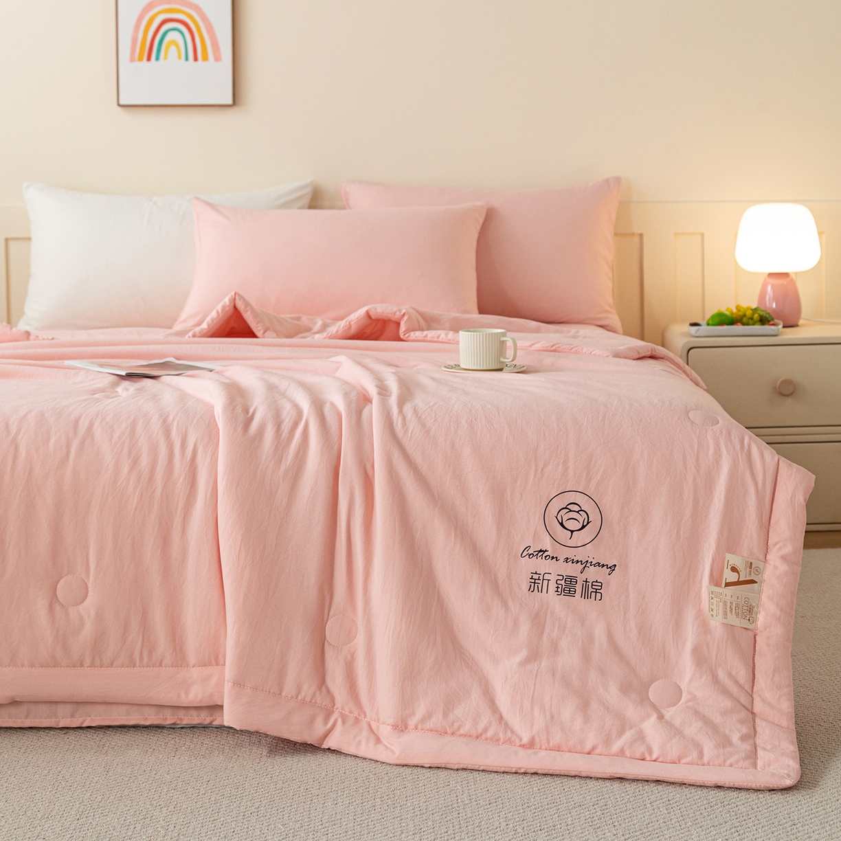 91家纺网 家纺一手货源 找家纺 几禾 2026春夏新款纯色水洗棉双拼夏被新疆棉花被夏凉被空调被被子被芯 纯色-粉色