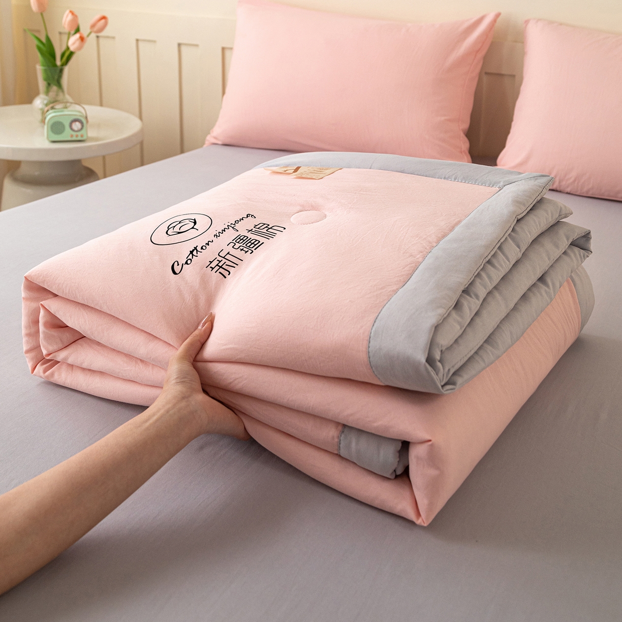 几禾 2026春夏新款纯色水洗棉双拼夏被新疆棉花被夏凉被空调被被子被芯 双拼-粉灰
