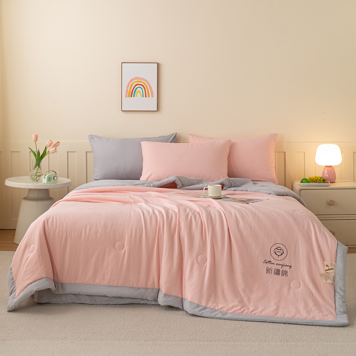 91家纺网 家纺一手货源 找家纺 几禾 2026春夏新款纯色水洗棉双拼夏被新疆棉花被夏凉被空调被被子被芯 双拼-粉灰