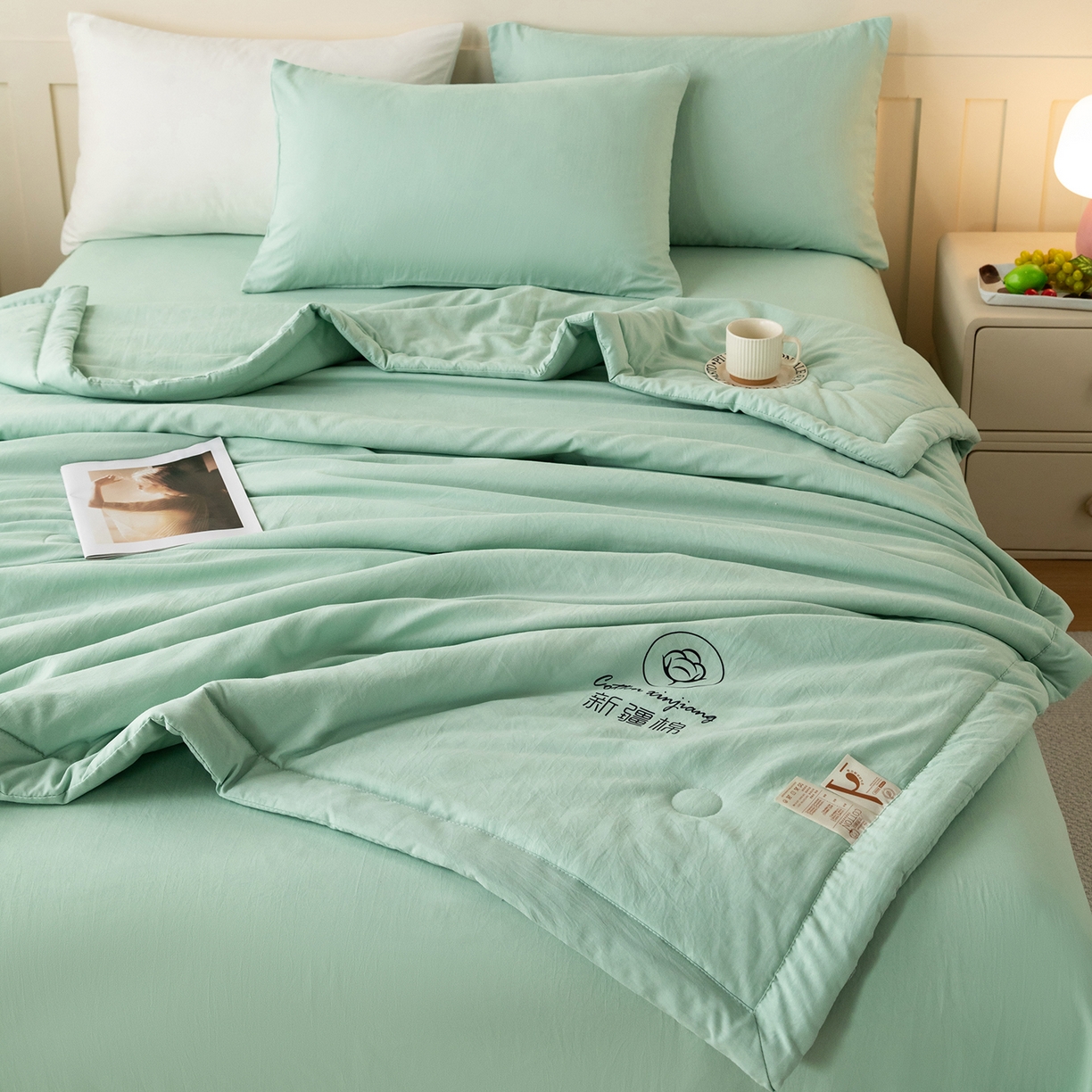 91家纺网 家纺一手货源 找家纺 几禾 2026春夏新款纯色水洗棉双拼夏被新疆棉花被夏凉被空调被被子被芯 纯色-浅绿