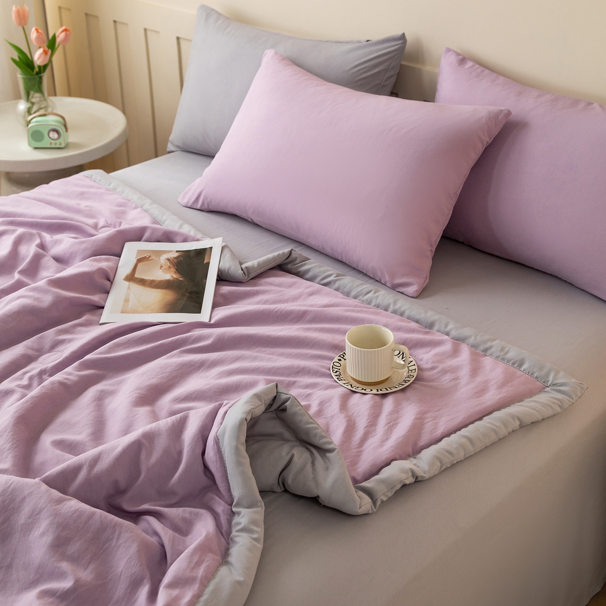 91家纺网 家纺一手货源 找家纺 几禾 2026春夏新款纯色水洗棉双拼夏被新疆棉花被夏凉被空调被被子被芯 双拼-紫灰