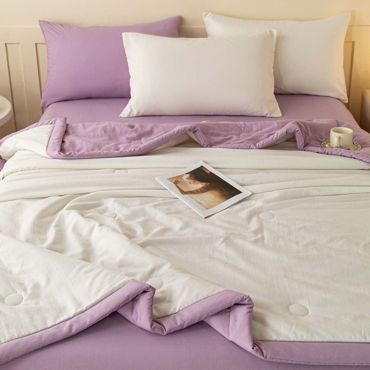 91家纺网 家纺一手货源 找家纺 几禾 2026春夏新款纯色水洗棉双拼夏被新疆棉花被夏凉被空调被被子被芯 双拼-白紫