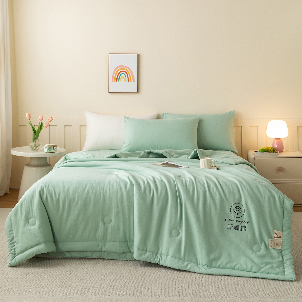 91家纺网 家纺一手货源 找家纺 几禾 2026春夏新款纯色水洗棉双拼夏被新疆棉花被夏凉被空调被被子被芯 纯色-浅绿