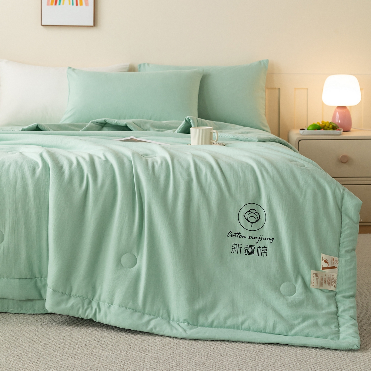 91家纺网 家纺一手货源 找家纺 几禾 2026春夏新款纯色水洗棉双拼夏被新疆棉花被夏凉被空调被被子被芯 纯色-浅绿