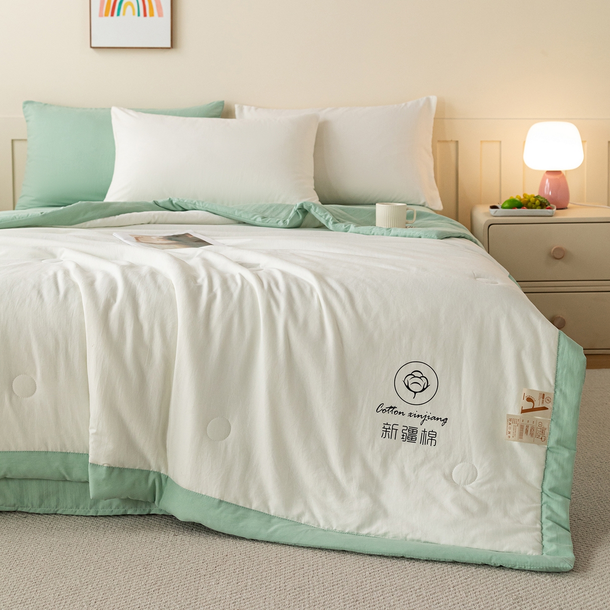 91家纺网 家纺一手货源 找家纺 几禾 2026春夏新款纯色水洗棉双拼夏被新疆棉花被夏凉被空调被被子被芯 双拼-白绿