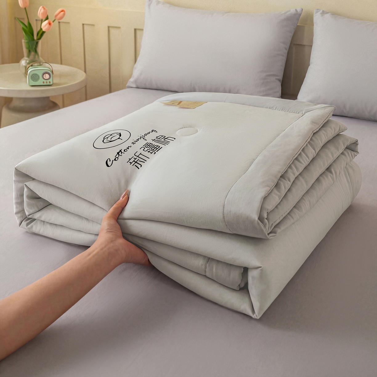 几禾 2026春夏新款纯色水洗棉双拼夏被新疆棉花被夏凉被空调被被子被芯 纯色-浅灰