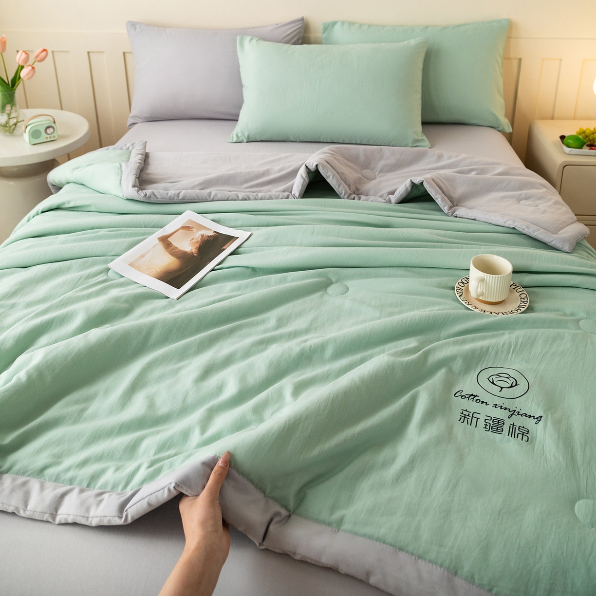 91家纺网 家纺一手货源 找家纺 几禾 2026春夏新款纯色水洗棉双拼夏被新疆棉花被夏凉被空调被被子被芯 双拼-绿灰