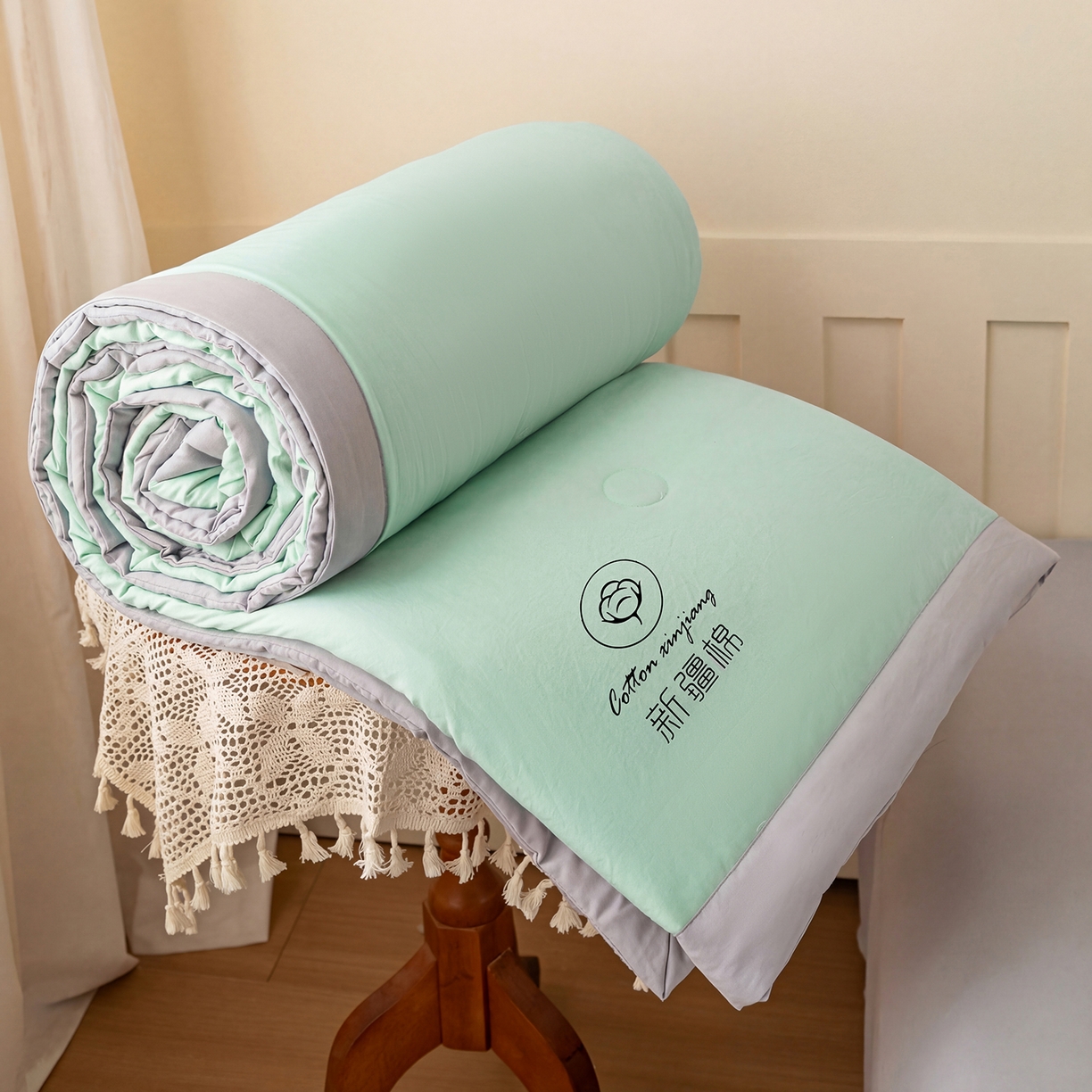 91家纺网 家纺一手货源 找家纺 几禾 2026春夏新款纯色水洗棉双拼夏被新疆棉花被夏凉被空调被被子被芯 双拼-绿灰