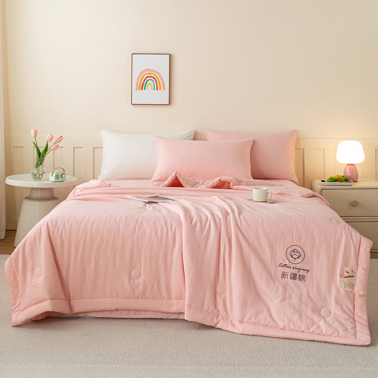 91家纺网 家纺一手货源 找家纺 几禾 2026春夏新款纯色水洗棉双拼夏被新疆棉花被夏凉被空调被被子被芯 纯色-粉色