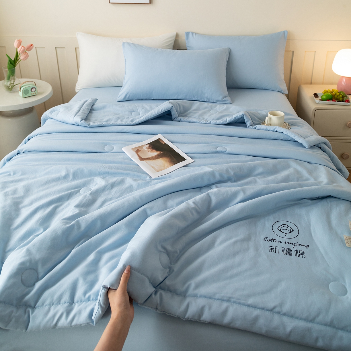 91家纺网 家纺一手货源 找家纺 几禾 2026春夏新款纯色水洗棉双拼夏被新疆棉花被夏凉被空调被被子被芯 纯色-天蓝