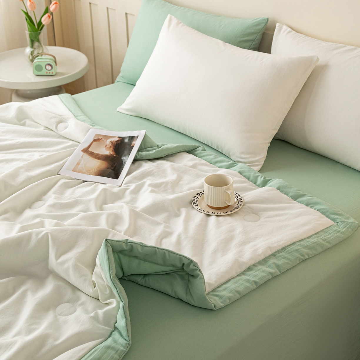 91家纺网 家纺一手货源 找家纺 几禾 2026春夏新款纯色水洗棉双拼夏被新疆棉花被夏凉被空调被被子被芯 双拼-白绿