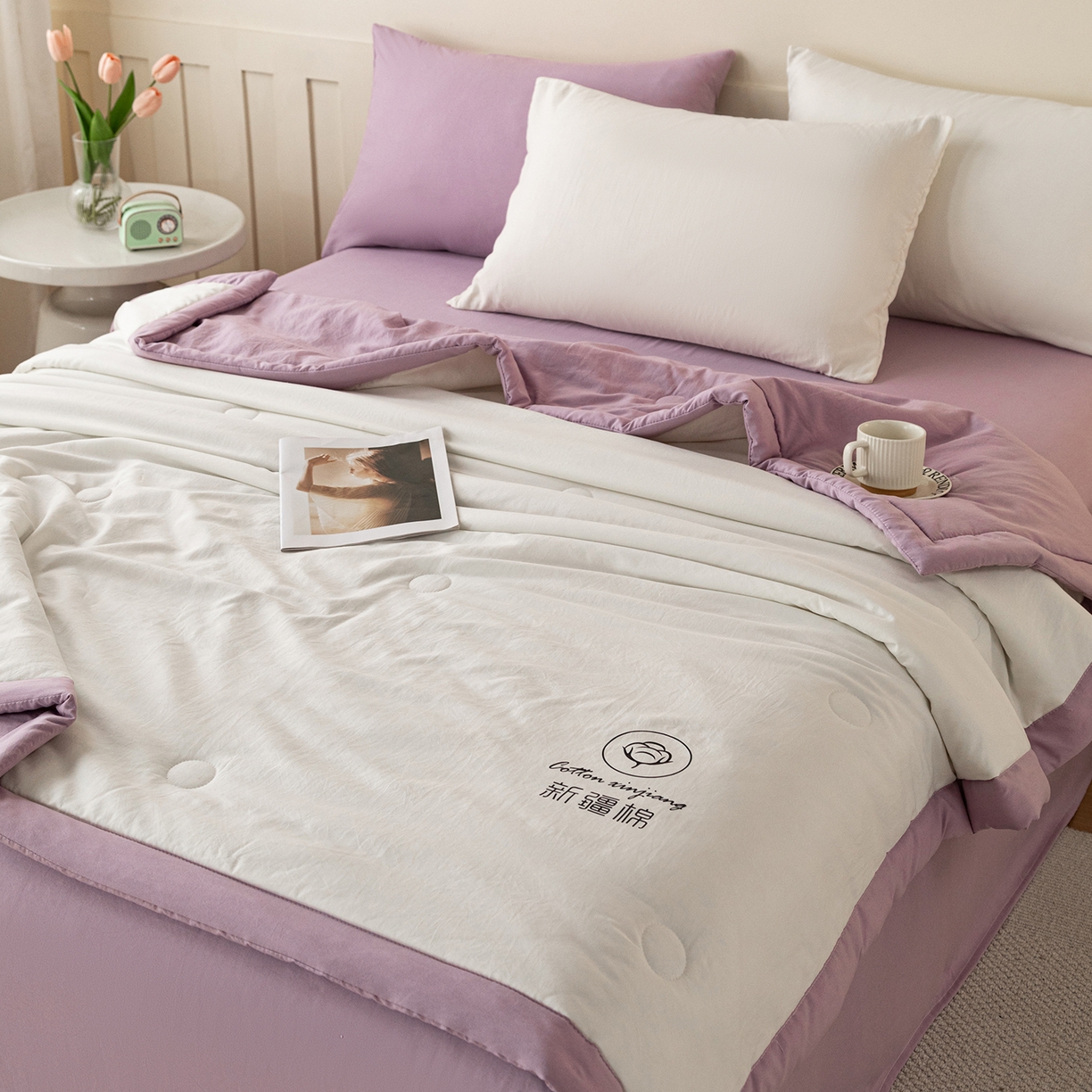 91家纺网 家纺一手货源 找家纺 几禾 2026春夏新款纯色水洗棉双拼夏被新疆棉花被夏凉被空调被被子被芯 双拼-白紫