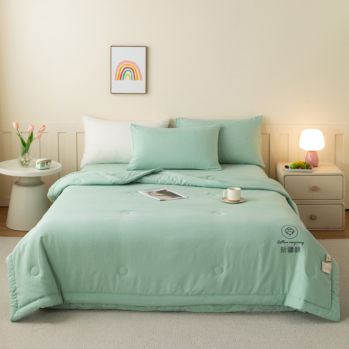 91家纺网 家纺一手货源 找家纺 几禾 2026春夏新款纯色水洗棉双拼夏被新疆棉花被夏凉被空调被被子被芯 纯色-浅绿