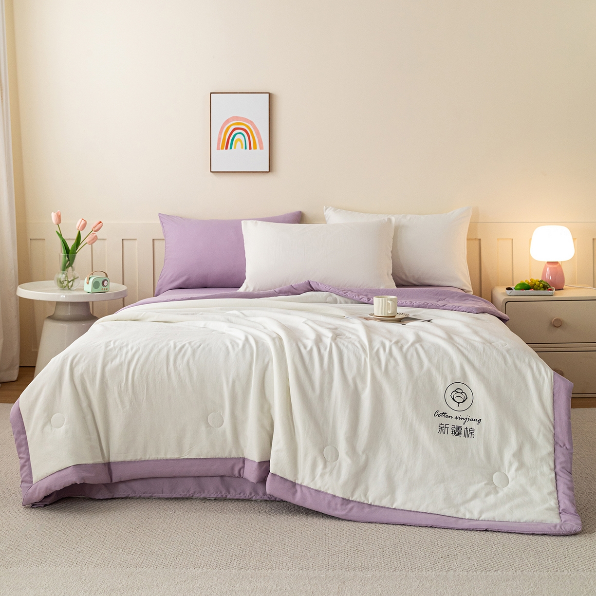 91家纺网 家纺一手货源 找家纺 几禾 2026春夏新款纯色水洗棉双拼夏被新疆棉花被夏凉被空调被被子被芯 双拼-白紫