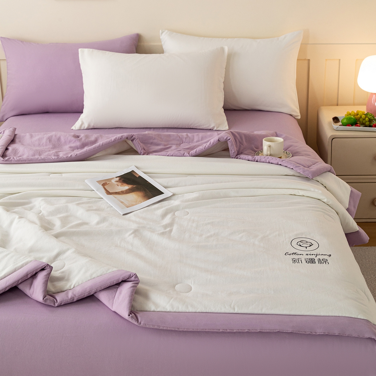 91家纺网 家纺一手货源 找家纺 几禾 2026春夏新款纯色水洗棉双拼夏被新疆棉花被夏凉被空调被被子被芯 双拼-白紫
