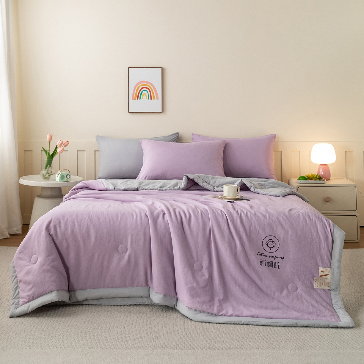 91家纺网 家纺一手货源 找家纺 几禾 2026春夏新款纯色水洗棉双拼夏被新疆棉花被夏凉被空调被被子被芯 双拼-紫灰