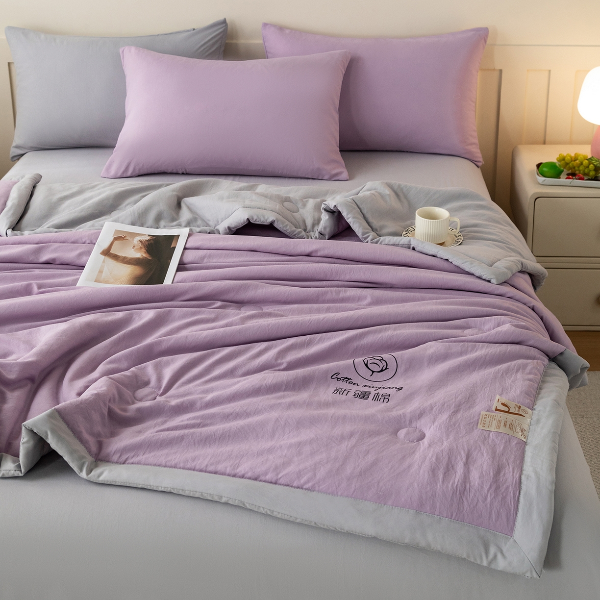 91家纺网 家纺一手货源 找家纺 几禾 2026春夏新款纯色水洗棉双拼夏被新疆棉花被夏凉被空调被被子被芯 双拼-紫灰
