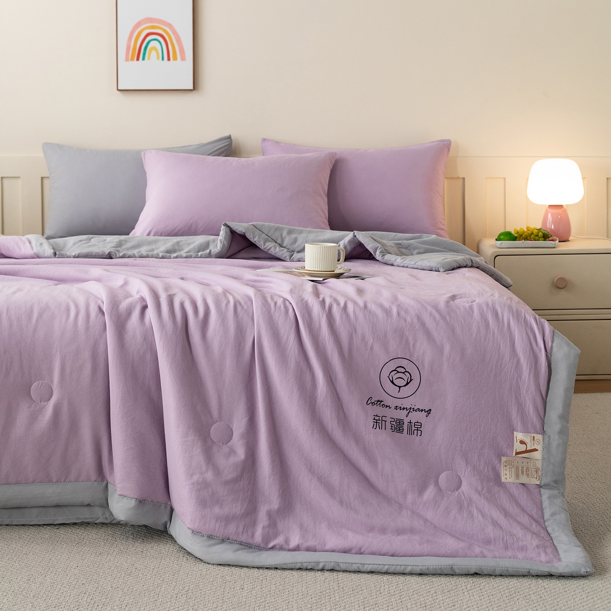 91家纺网 家纺一手货源 找家纺 几禾 2026春夏新款纯色水洗棉双拼夏被新疆棉花被夏凉被空调被被子被芯 双拼-紫灰