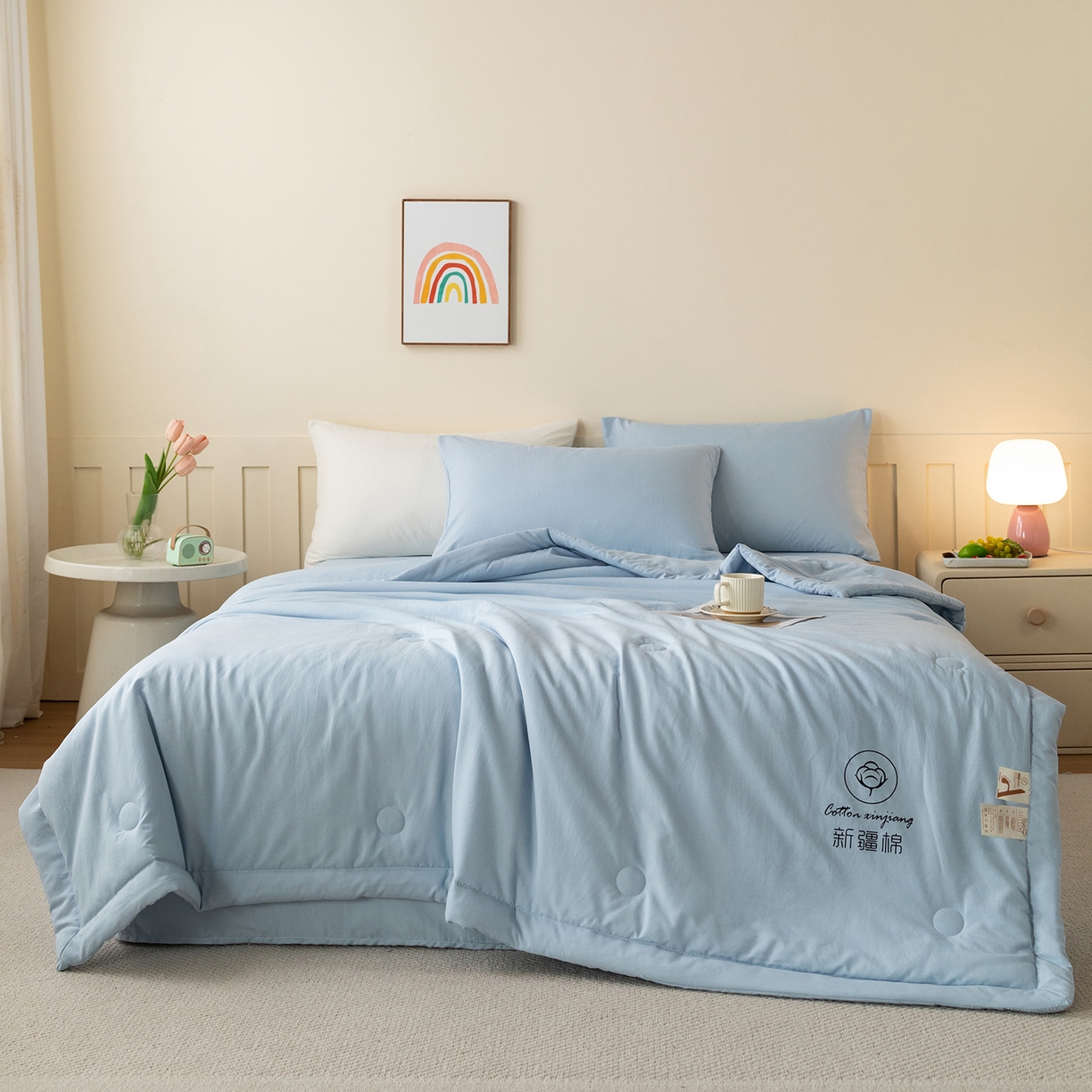 91家纺网 家纺一手货源 找家纺 几禾 2026春夏新款纯色水洗棉双拼夏被新疆棉花被夏凉被空调被被子被芯 纯色-天蓝