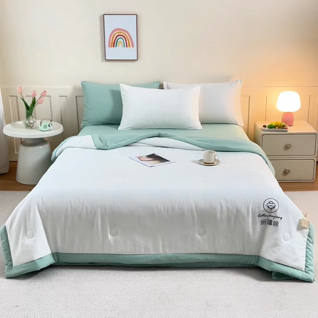 91家纺网 家纺一手货源 找家纺 几禾 2026春夏新款纯色水洗棉双拼夏被新疆棉花被夏凉被空调被被子被芯 双拼-白绿