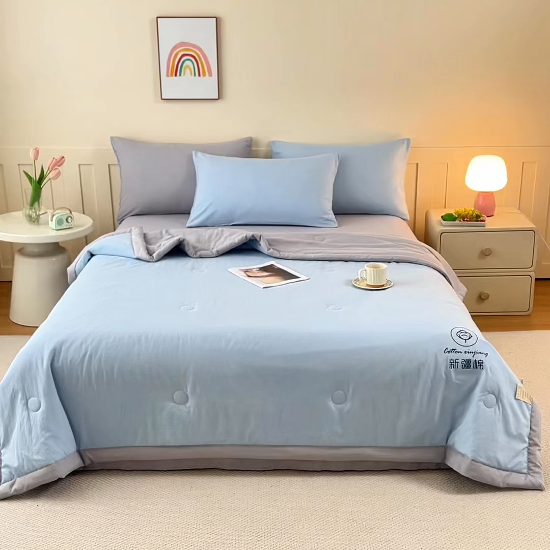 91家纺网 家纺一手货源 找家纺 几禾 2026春夏新款纯色水洗棉双拼夏被新疆棉花被夏凉被空调被被子被芯 双拼-蓝灰