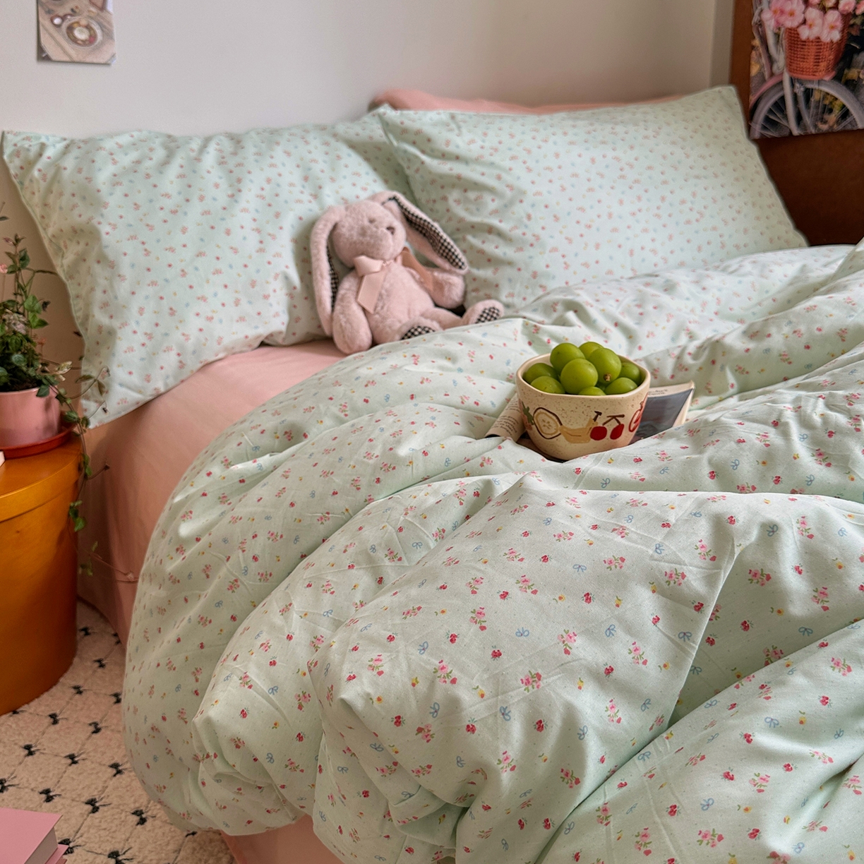 91家纺网 家纺一手货源 找家纺 艾咪-Amy ntmy 2026新款博主风清新田园小碎花全棉纯棉四件套-甜樱 清新甜樱-绿