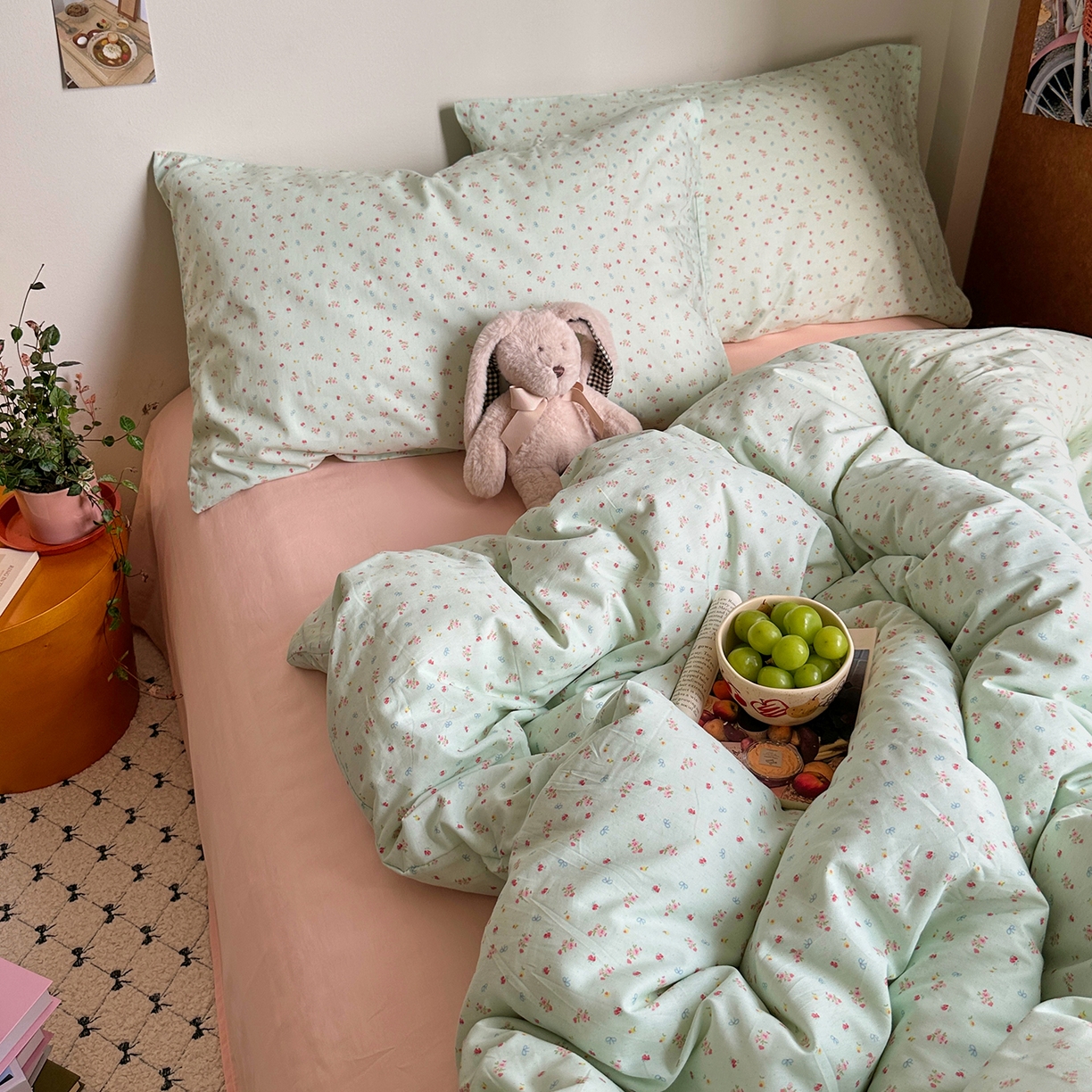 91家纺网 家纺一手货源 找家纺 艾咪-Amy ntmy 2026新款博主风清新田园小碎花全棉纯棉四件套-甜樱 清新甜樱-绿