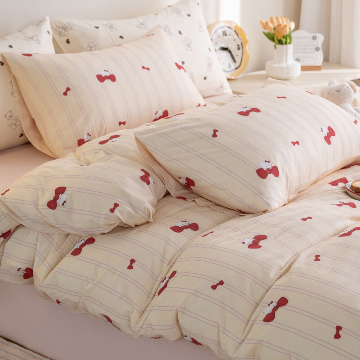 91家纺网 家纺一手货源 找家纺 梦可莱家居 2026新款全棉纯棉针织棉印花可爱卡通系列四件套 蝴蝶猫咪