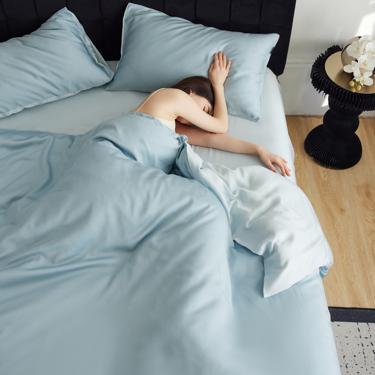 91家纺网 家纺一手货源 找家纺 玉宇阁家居 2026春夏60s兰精天丝拼色四件套 天空-欣蓝