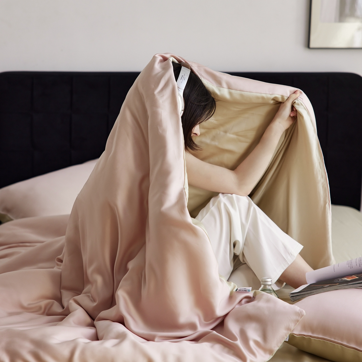 91家纺网 家纺一手货源 找家纺 玉宇阁家居 2026春夏60s兰精天丝拼色四件套 裸粉香槟