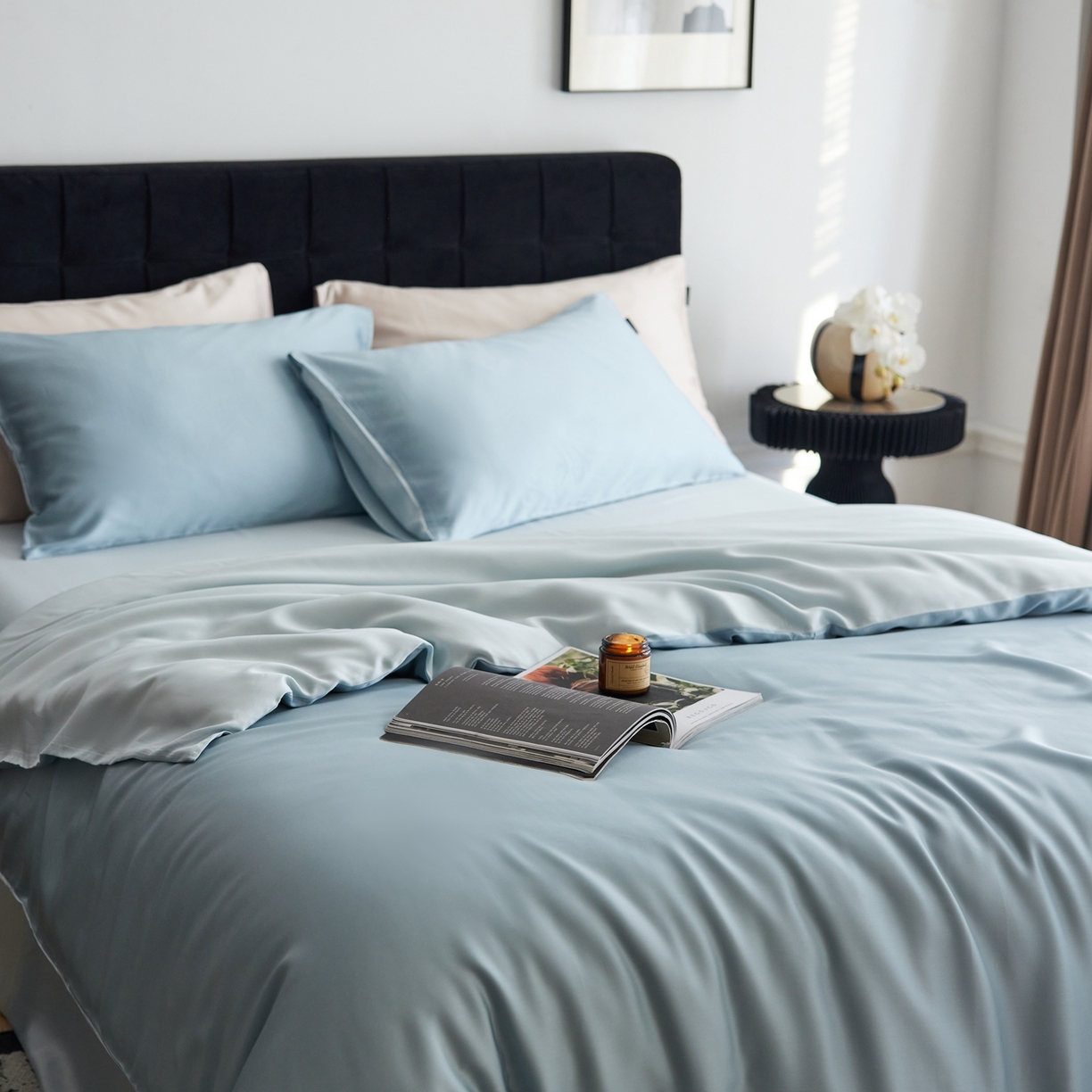 91家纺网 家纺一手货源 找家纺 玉宇阁家居 2026春夏60s兰精天丝拼色四件套 天空-欣蓝