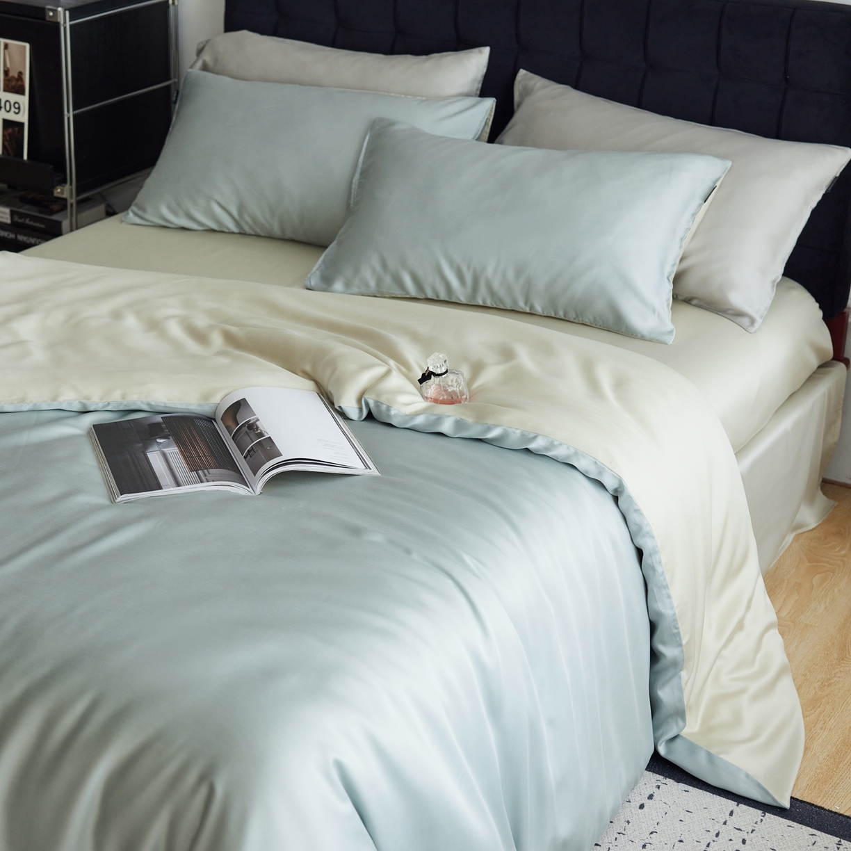 91家纺网 家纺一手货源 找家纺 玉宇阁家居 2026春夏60s兰精天丝拼色四件套 云杉-琥珀