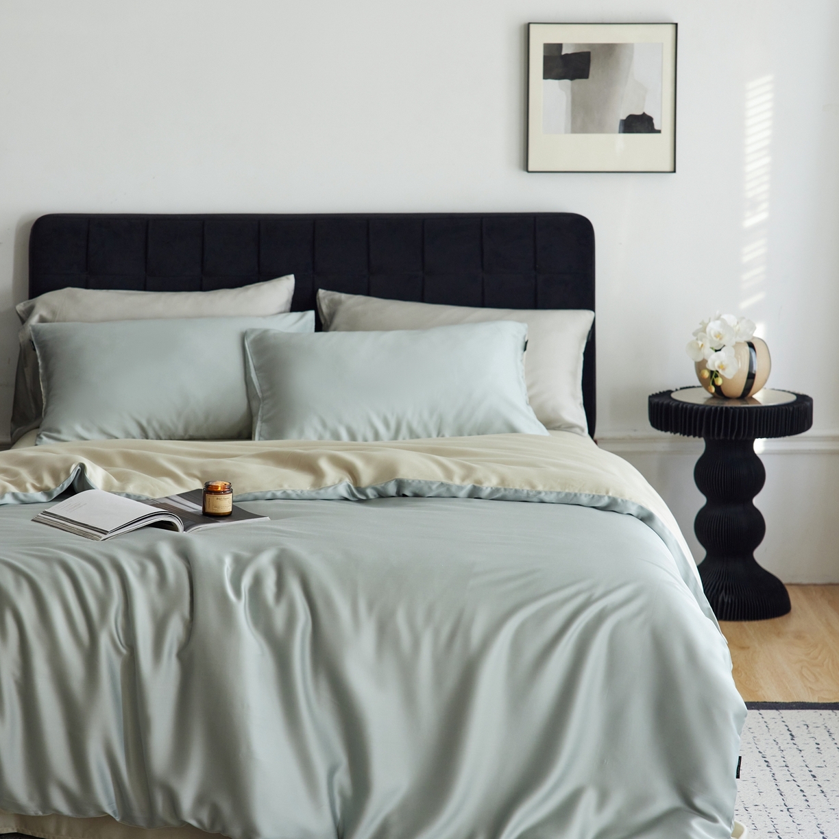 91家纺网 家纺一手货源 找家纺 玉宇阁家居 2026春夏60s兰精天丝拼色四件套 云杉-琥珀