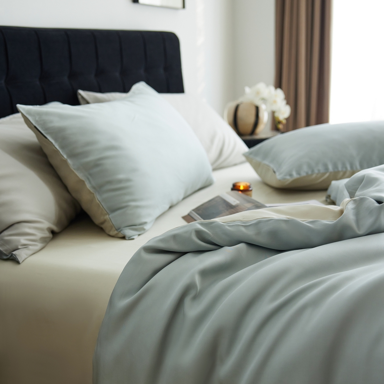 91家纺网 家纺一手货源 找家纺 玉宇阁家居 2026春夏60s兰精天丝拼色四件套 云杉-琥珀