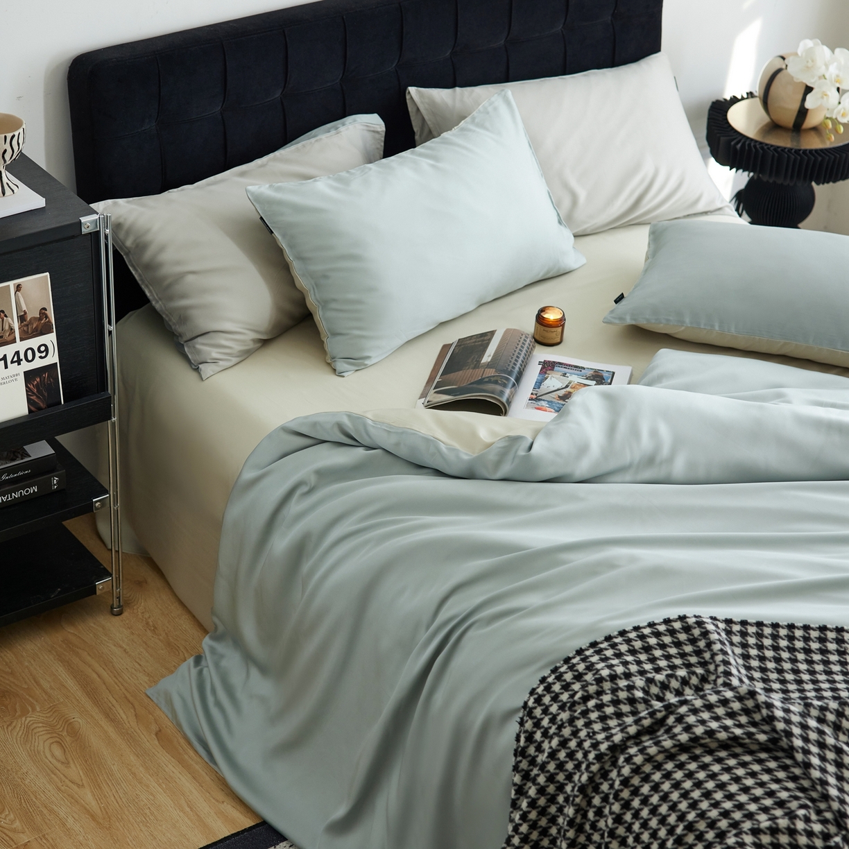 玉宇阁家居 2026春夏60s兰精天丝拼色四件套 云杉-琥珀