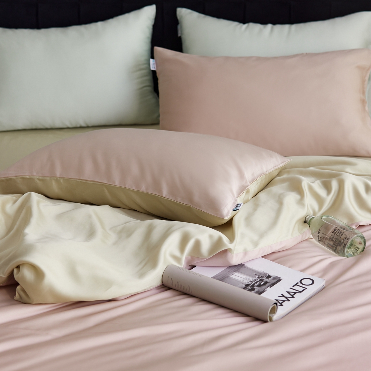 91家纺网 家纺一手货源 找家纺 玉宇阁家居 2026春夏60s兰精天丝拼色四件套 裸粉香槟