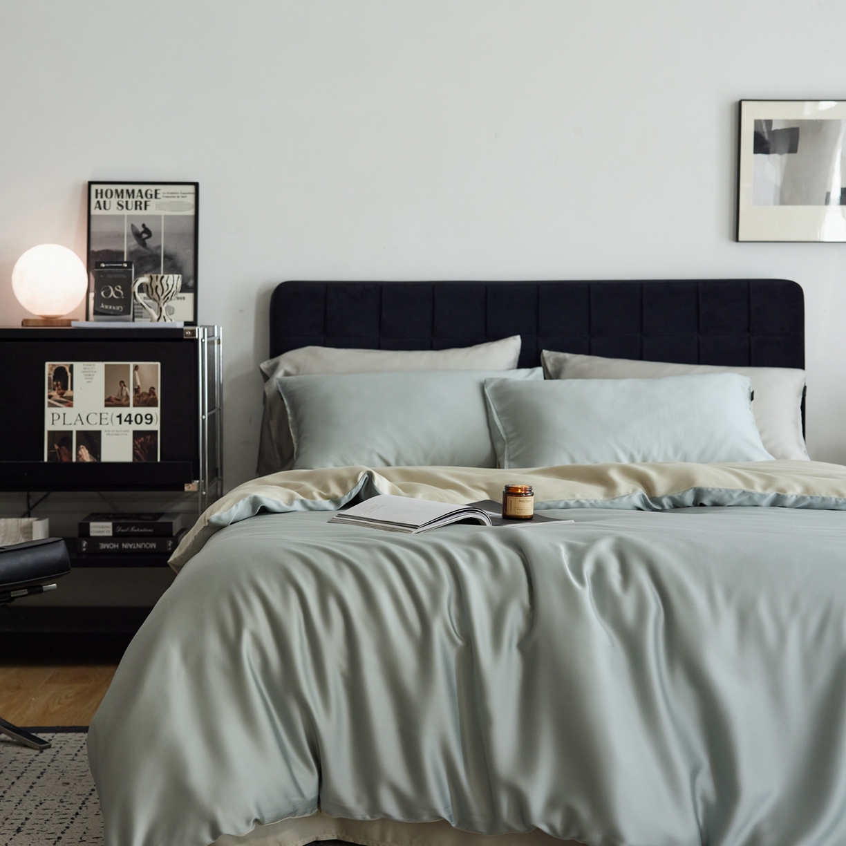 91家纺网 家纺一手货源 找家纺 玉宇阁家居 2026春夏60s兰精天丝拼色四件套 云杉-琥珀