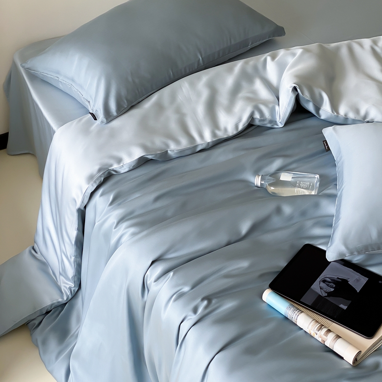 玉宇阁家居 2026春夏60s兰精天丝拼色四件套 灰蓝色冰川灰