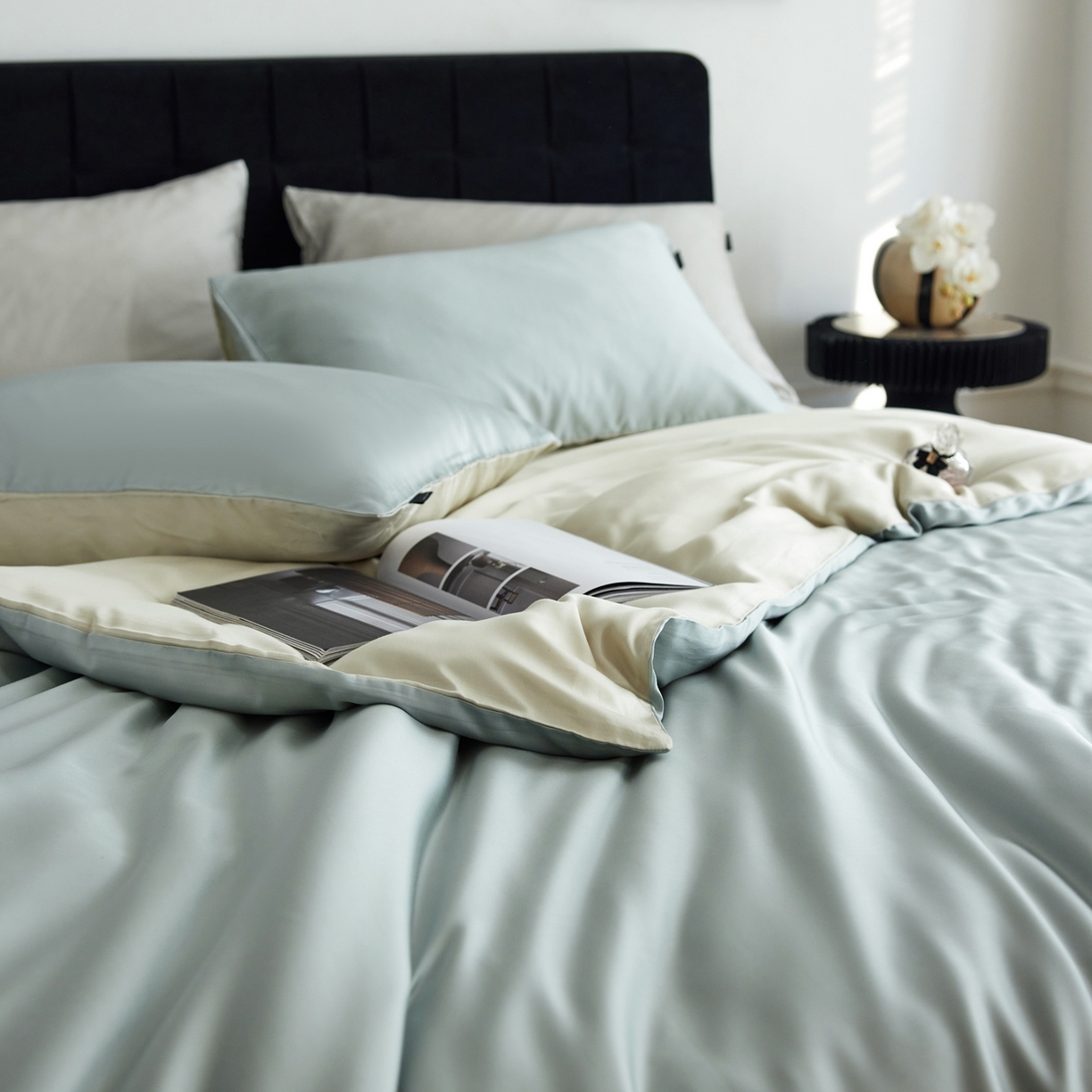 91家纺网 家纺一手货源 找家纺 玉宇阁家居 2026春夏60s兰精天丝拼色四件套 云杉-琥珀