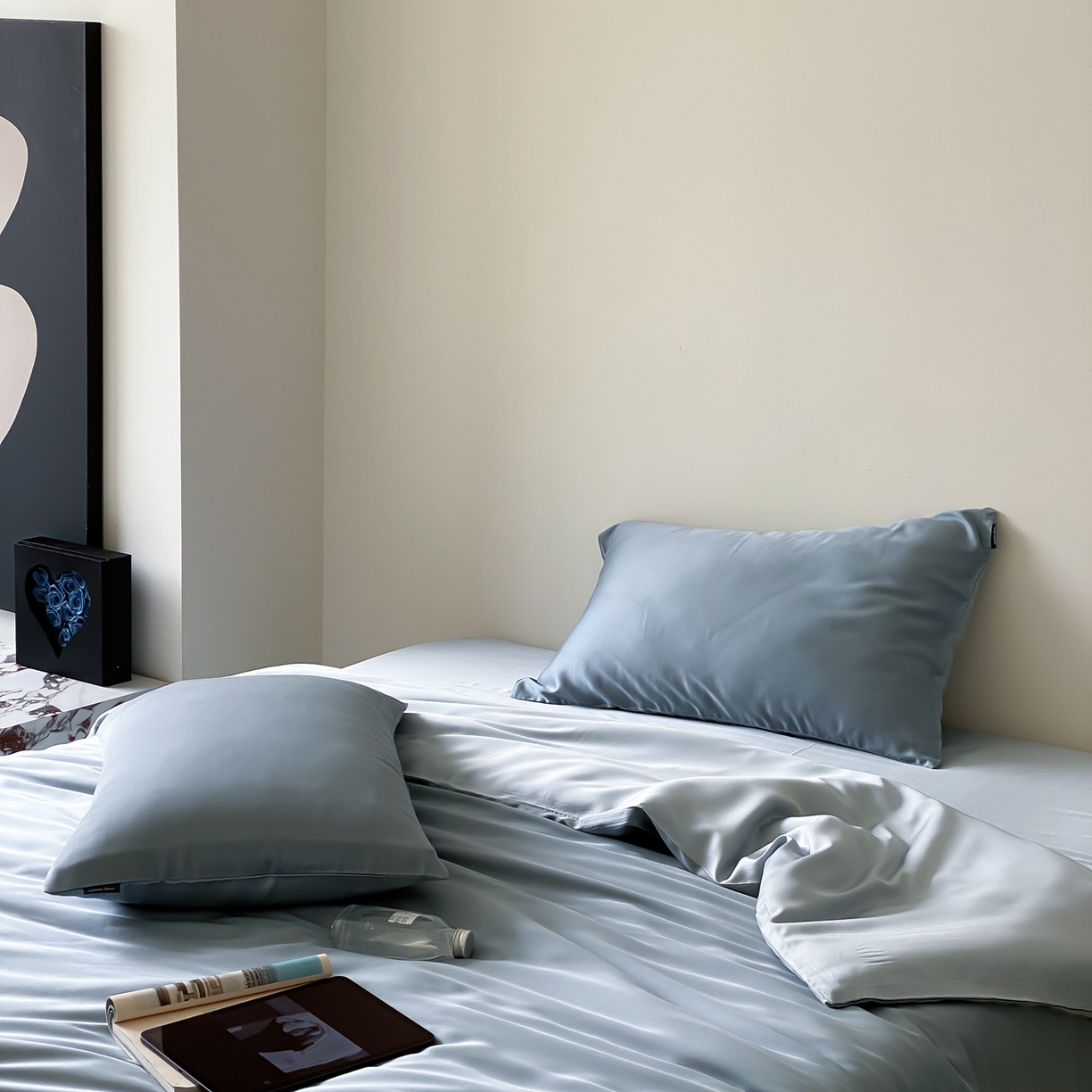 91家纺网 家纺一手货源 找家纺 玉宇阁家居 2026春夏60s兰精天丝拼色四件套 灰蓝色冰川灰